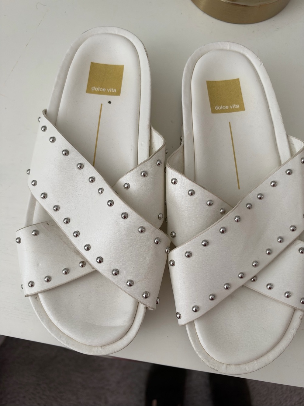 Dolce Vita White Cross-Strap Studded Platform Sandals